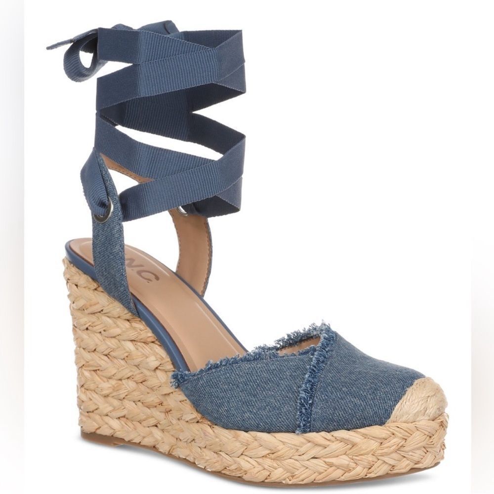 INC 8 Moniqueef Denim Blue Cream Fringe Overlap Ankle Tie Wedge Espadrilles